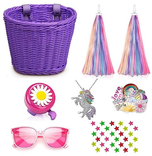 Suerico Kids Bike Basket for Girls,Handlebar Bicycle Basket with Unicorn Necklace,Bike Bell,Streamers,Bike Wheel Bead,Sunglasses,Stickers Bike Decoration Accessories Set