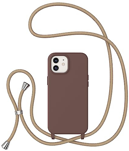 ZTOFERA Handykette Hülle Kompatibel mit iPhone 12/iPhone 12 Pro, Liquid Silikon Handyhülle mit Umhängeband, Schutzhülle mit Band Kordel zum Umhängen Necklace Hülle für iPhone 12/12 Pro, Braun