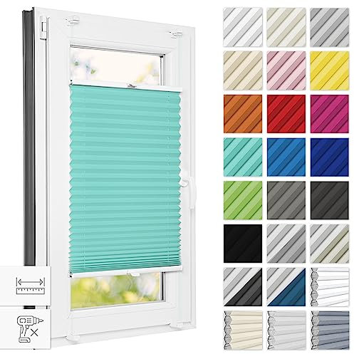 Estika Plissee ohne Bohren 40 cm x 80 cm - Türkis - Bruchfeste Klemmhalter, Plissee klemmfix, Rollos für Fenster ohne Bohren, Jalousien Fenster für innen, Raffrollo, Fenster plissee