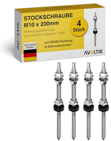 Avoltik Stockschrauben Edelstahl M10 x 200 mm ohne Adapterblech I 4 Stück I wetterfeste M10 Stockschrauben mit Dichtung & Sperrzahnmutter