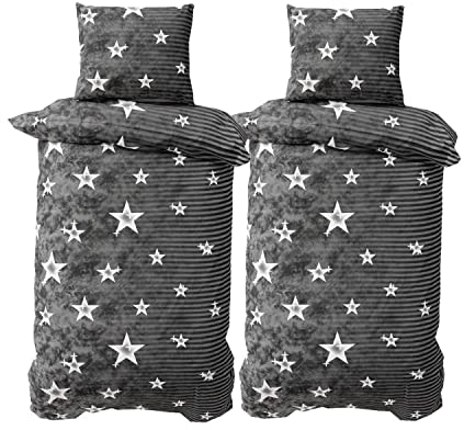 Leonado Vicenti 4 TLG Bettwäsche 135 x 200 cm Bettwäsche-Set Leicht Knitterfrei Sternemuster Anthrazit Grau Pflegeleicht Mikrofaser
