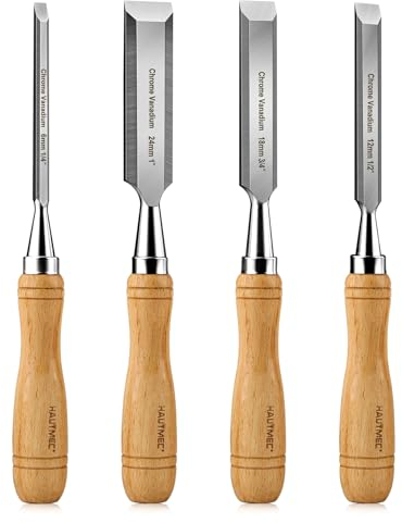 HAUTMEC 4-Piece Wood Chisel Set – CRV Steel Bevelled Edge Blades with Beech Handles for Woodworking & Carving (6mm, 12mm, 18mm, 24mm) – HT0315