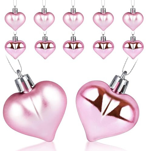 12 Pieces Pink Heart Baubles for Christmas Tree Decorations - Shiny and Matte Shaped Ornaments, 4.5CM Hanging Tree Pendants