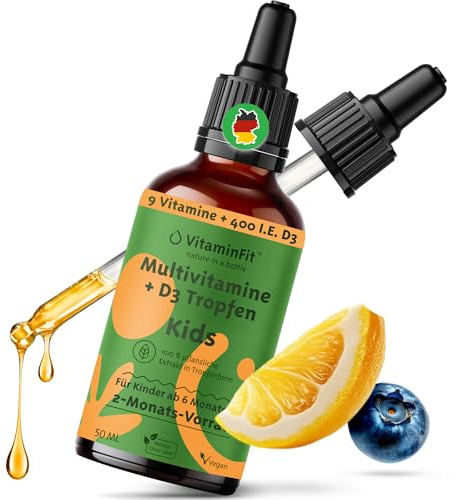VitaminFit Kinder Multivitamin mit Vitamin D3-Tropfen Nahrungsergänzung für Kinder - Glutenfrei - Zuckerfrei - Laktosefrei - Flüssig - 100% Pflanzlich - Vegan - 50 ml