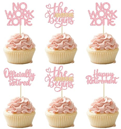 24Pcs Happy Retirement Cupcake Toppers Officially Retired No Work Zone Adventure Begins Cupcake Pick Decorations Retirement Theme Farewell Birthday Party Decorations Supplies Pink