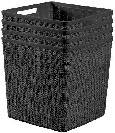 Curver Set of 4 Large Cube 17L Jute Decorative Plastic Organization and Storage Baskets - Perfect Bins for Home Office, Closet Shelves, Kitchen Pantry and All Bedroom Essentials, Black