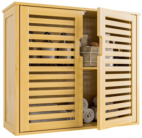 HITNET Armadietto da parete per il bagno, organizzatore di stoccaggio sopra la toilette in bambù, armadietto di medicina salvaspazio con doppie ante e ripiani regolabili, naturale