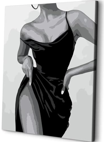 Sexy Frau im schwarzen Kleid -Malen nach Zahlen für Erwachsene,DIY Handgemalt Leinwand Ölgemälde-Set mit Pinseln und Acryl Pigment für Kinder Anfänger Kunst Heimdekoration Geschenk ohne Rahmen,30x40cm