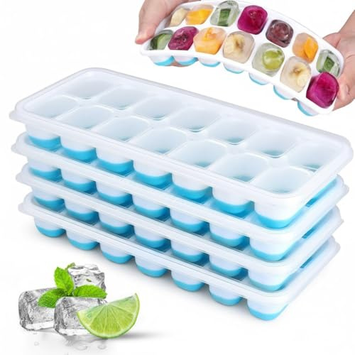 EVOKK Reusable Silicone Blue Ice Cube Trays, 4 Pack Ice Cube Tray with Lid Easy-Release 56-Ice Trays, BPA Free, Durable and Dishwasher Safe.