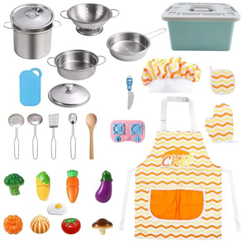 ALEENFOON Kinderküche Zubehör, Spielküche Zubehör für Kinder mit Kochfeld, Kochgeschirr Edelstahl Pfannenset, Schürze & Kochmütze, Matschküche Zubehör für Kinder, Geschenk für Jungen und Mädchen