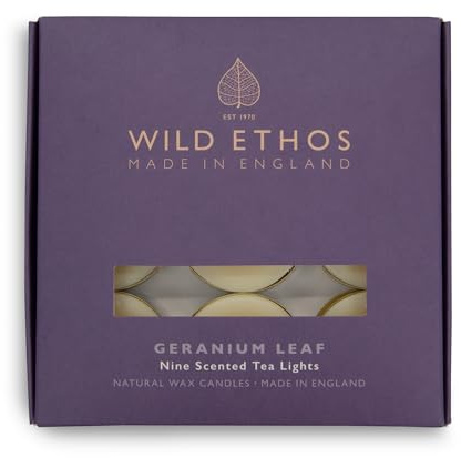 Wild Ethos Scented Tea Lights - Natural Wax - Long Lasting & Blended Natural Essential Oils - Pack of 9 - Made in The UK - Select Your Scent (Geranium Leaf)