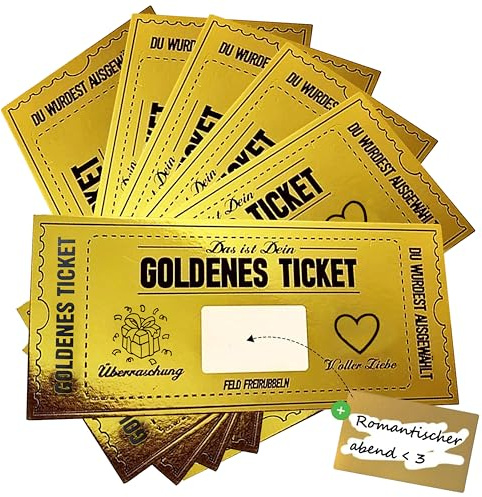 6 Set Goldenes Ticket Rubbellose Wunschgutschein mit Rubbelaufkleber zum Ausfüllen, Gutscheinkarte für Valentinstag,Geburtstag, Reise & Kino,Geschenkidee mit Umschlag für Frauen,Freundin,Mama & Kind