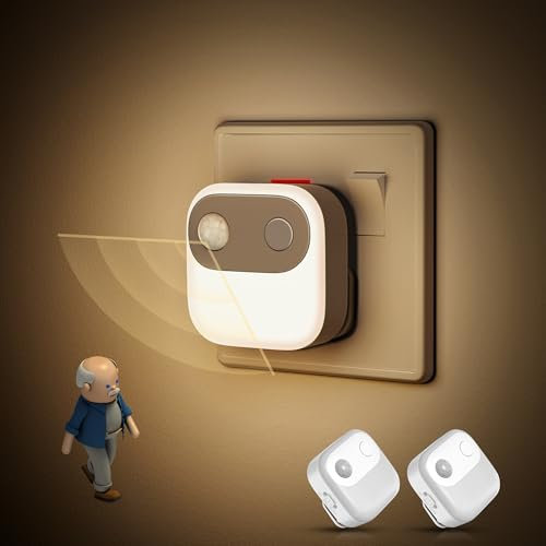 JandCase Motion Sensor Night Light, 3000K Warm White Night Lights Plug in Wall, 2 Pack Night Light with Dusk to Dawn Light Sensor, Adjustable Brightness 30/60/100Lm, for Bedroom, Stairs, Hallway