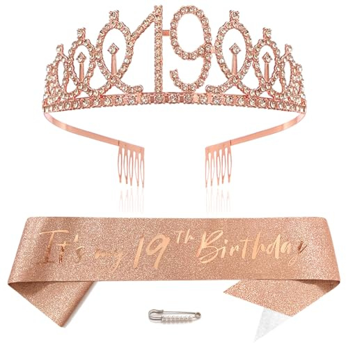 Or rose 19e anniversaire couronne et écharpe fille 19e anniversaire décoration strass anniversaire diadème princesse couronne reine tiare d'anniversaire filles 19 ans décoration fête vêtements