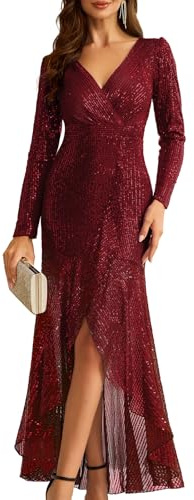 COOAN Damen Lange Pailletten Formelle Kleider Langarm Cocktail Hochzeit Gäste Kleider Elegant V-Ausschnitt Partykleider, Burgunderrot - T36, Klein