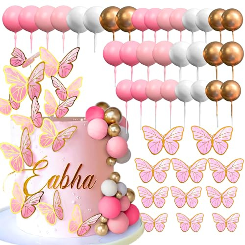 43PCS Pink Butterfly Cake Decorations With Purple Pink Gold Balls Cake Toppers for Baby Shower Wedding Birthday Bridal Shower Party Decor