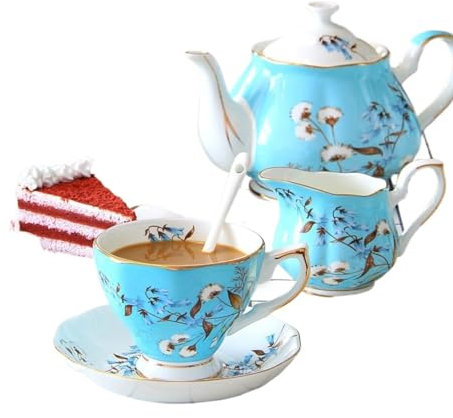 YTBHSHXZ Juegos de té， Juego de té de Porcelana de 15 Piezas, Juego de Taza y platillo de té Azul Vintage, Servicio de café for 6, con azucarero y Jarra de Leche
