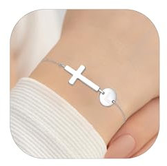 Esmoly S925 Sterling Silver Cross Bracelets for Womens 18K Gold Plated Initial Bracelet Christening Jewellery Birthday Gifts for Women Girls 6+2 Inches