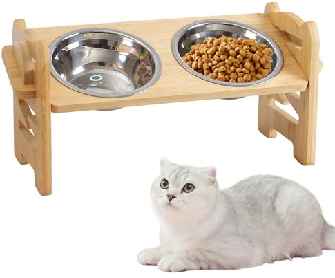 Hundenapf Erhöht, Dog Bowl mit Ständer Aus Bambus, Höhenverstellbare Futterbar Hund mit 2 Edelstahlnäpfen, Futternapf Hund Erhöht Bambus Station für Kleine Hunde und Katzen, Geneigt und Langlebig