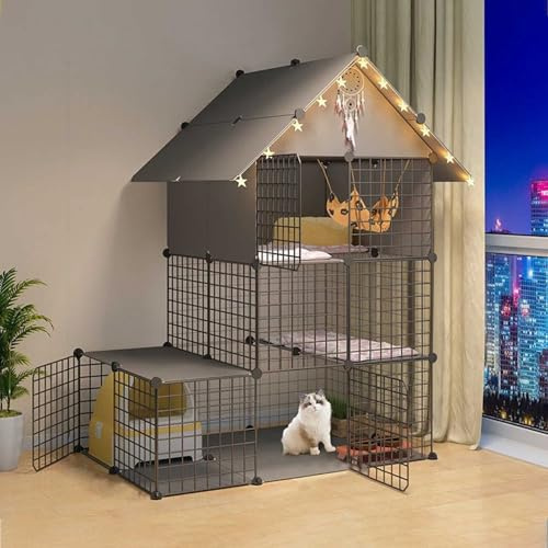 Generic Großer Katzenlaufstall – Indoor-Katzengehege, Mehrzweck-Katzenbox für Kätzchen, Frettchen und kleine Haustiere (Schwarz, 111 x 75 x 146 cm (A))