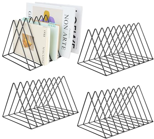 4 carpetas triangulares, 9 ranuras, soporte para revistas negro, soporte para discos de vinilo de metal, organizador de archivos de escritorio, estantería para revistas, estantería para oficina, casa