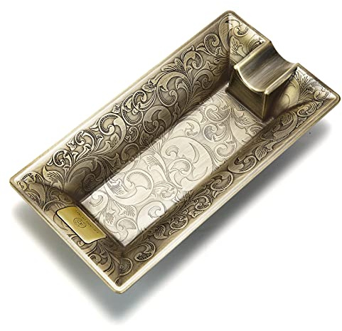 CIGARLOONG Cigar Ashtray Stainless Steel Carving Household Fashion Cigar Ashtrays Single Slot Design for Home/Office/Patio (Gold)