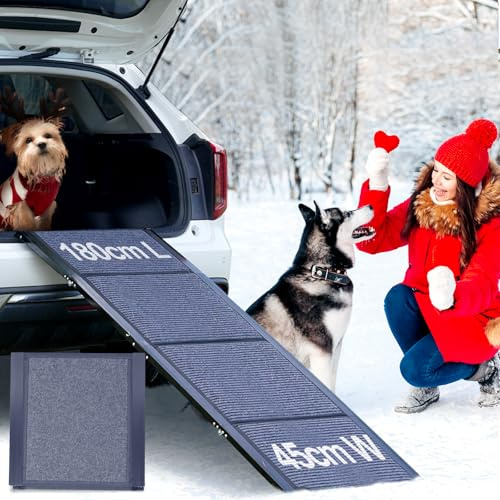 Meulbaty Hunderampe für Auto, extra 180 cm Lx 51 CMB, faltbar, tragbar, rutschfest, weich, für große und mittelgroße Hunde bis zu 113 kg, stabile sichere Hundetreppe für Auto, SUV, LKW