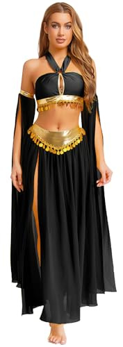 Aislor Costume Danse du Ventre Femme Robe Danse Orientale Halter Crop Top avec Jupe Fendue Manches Amovibles Tulle Déguisée Indienne Princesse