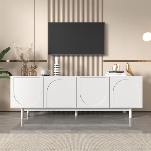 RTYUSWL Meuble TV avec 4 compartiments de rangement, meuble bas avec portes, pour salon, salle à manger, chambre à coucher, blanc, buffet TV bas, 175 x 38 x 56 cm