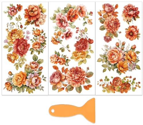OLYCRAFT 3 st/set orange blomma gnuggas på överföringar för möbler och hantverk 15 x 30 cm pion möbeldekal överföra klistermärke gnugga på dekal med 1 st skrapa för klippbok fönster heminredning