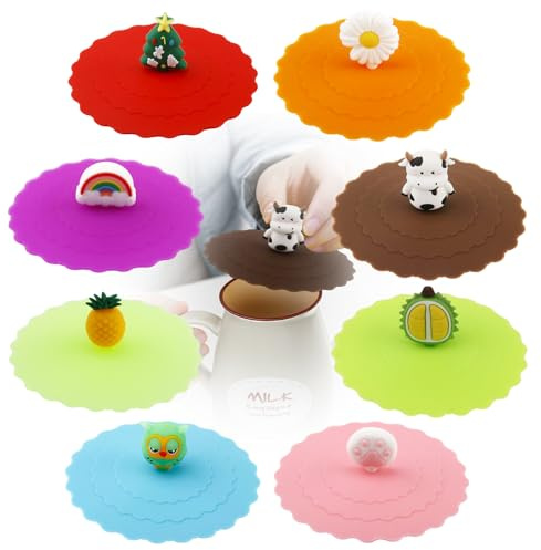 8 unidades redondas tapas de taza de vidrio de silicona, tapa de silicona con asa, reutilizables a prueba de polvo, antifugas, tapa de taza, para casa, oficina, camping, tazas, café, tazas, té