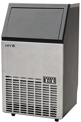 HYE Ice Maker - Ice Cube Maker, 1.3L Tank, 13KG Ice Storage Basket, 45KG/24HRS, Plumbed, LED Display & Touch Controls, Stainless Steel, Ideal For Cafes, Restaurants, Bars & Office Spaces - IM45KB27