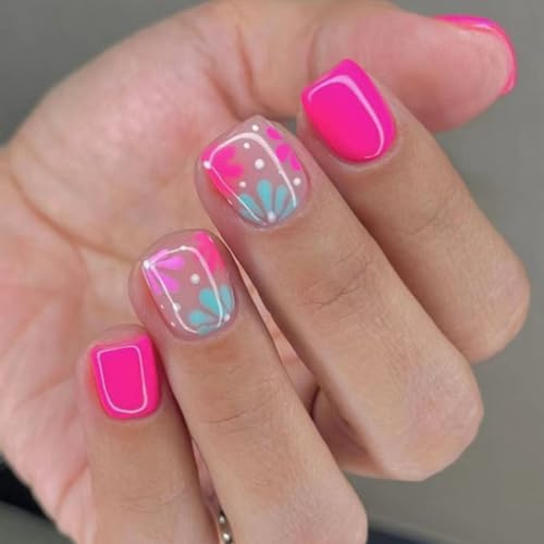 Ceboic 24 Pezzi Rosa Unghie Finte Adesive Quadrate Corte con Fiori Blu Pastello, Elegante Acrilico Copertura Completa Premere Sulle Unghie, Riutilizzabili Stick on Nails per Donne e Ragazze