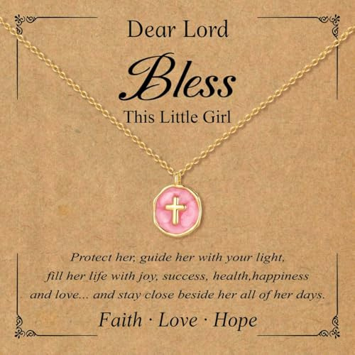 Joxevyia Tiny Cross Necklace with Blessing Card Mini Pink Enamel Cross Pendant Baptism First Communion Easter Gift for Granddaughter Daughter Niece