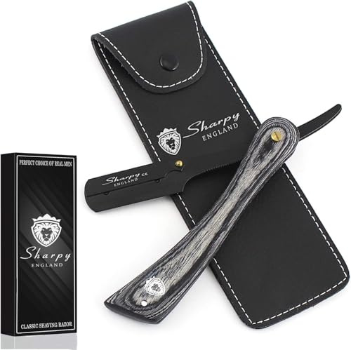 Sharpy Cut Throat Straight Shaving Razor with Grey Wooden Handle, Moustache and Beard Grooming Kit with Leather Pouch