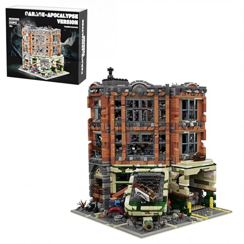 Mocbuiie Abandoned Garage Klemmbausteine Modular Building mit 8 Figuren - 3325 Teile Verfallenes Corner Garage Haus Bausatz für Erwachsene Kompatibel mit Barweer BWR002