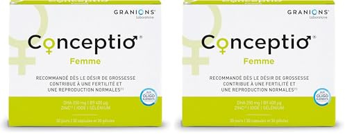 GRANIONS Conceptio Femme, Contribue à la fertilité Féminine, Vit. B9 (Acide Folique), Vit. grp B, Vit. C, Vit. A, Dha, Iode, Zinc, Sélénium, Marque Française, Programme de 30 J (Lot de 2)