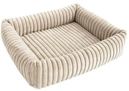 Extrasen Hundebett - 75 x 65 cm Breitcord - mit stabilen Rändern und Silikonfaser-Füllung - mit separater Liegematte für Unterwegs - Hundekissen Ecru