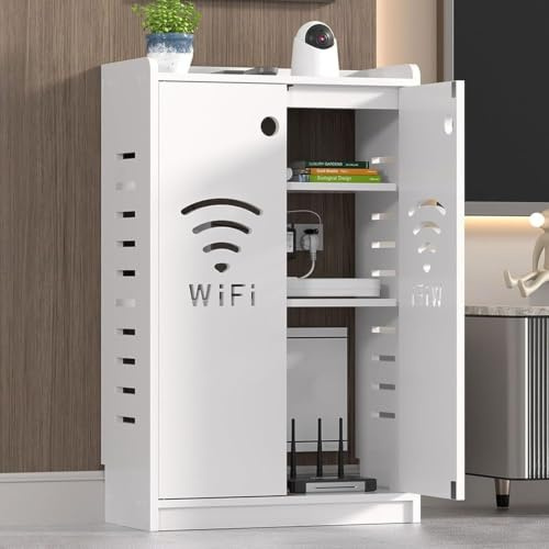 Wifi Router Storage Cabinet, Floor Standing Modem Double-Deck Shelf | Multimedia Hidden Box with Cable Management, for Home & Living Room(White,19.6*31.5*9.8in)