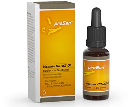 proSan Vitamin D3+K2 Öl/Tropfen (20ml) | mit Bio-Olivenöl | hochdosiert & bioverfügbar | 100% natürliches K2 MK7 All-Trans | Vegetarisch, ohne Zusatzstoffe | für Kinder & Erwachsene
