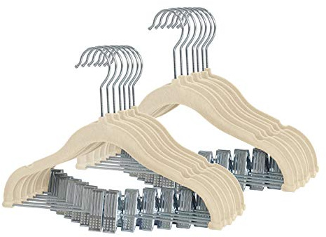 Finnhomy Non-Slip Clothes Hangers for Baby and Kids 20-Pack Velvet Hangers with Movable Clips, Heavy-Duty and Space-Saving for Pants,Skirts, Coat, Beige