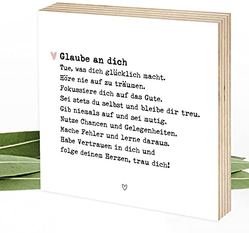 Wunderpixel® Holzbild Glaube an Dich - 15x15x2cm zum Hinstellen/Aufhängen, echter Fotodruck mit Spruch auf Holz - schwarz-weißes Wand-Bild Aufsteller Zuhause Dekoration Geschenk-Idee Achtsamkeit