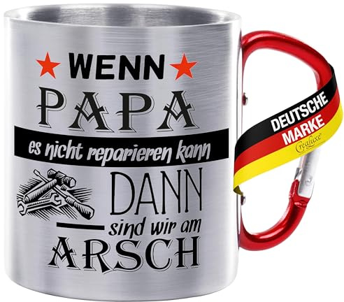 CreaLuxe Edelstahltasse mit Karabiner - Wenn Papa es Nicht reparieren kann sind wir am Arsch - 330ml, Tasse bedruckt, Kaffeetasse, Bürotasse, Metalltasse mit Name, Geschenk Vatertag