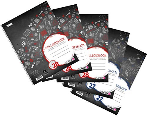 Landré Collegeblock A4, 3 karierte und 2 linierte Blöcke, 80 Blatt, 5 Stück