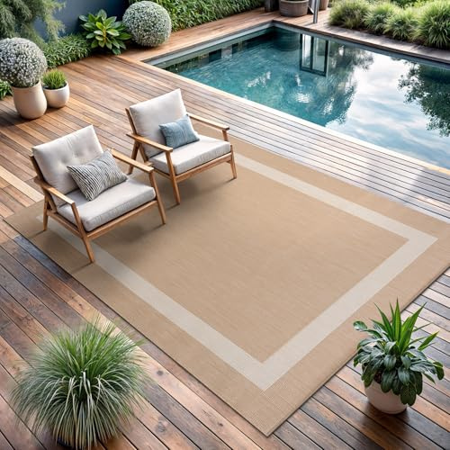 CAMILSON Outdoor Rug 5x7, Modern Outside Rugs for Patios Porches Waterproof Durable Washable Non-Shedding, Easy-to-Clean Indoor Outdoor Area Carpet (5 x 7, Bordered - Beige/White)