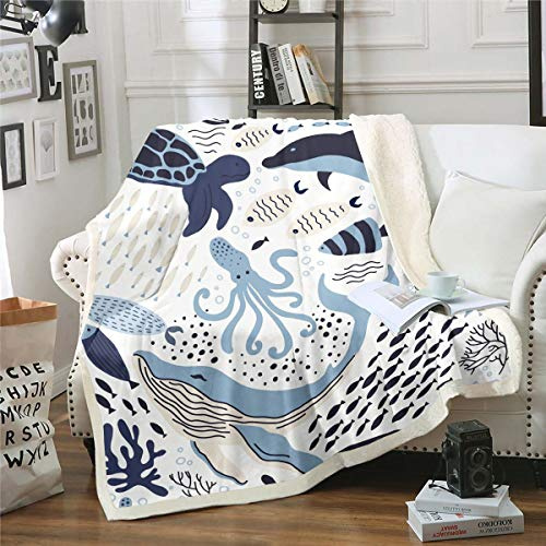 Homewish Schildkröte Decke Weiß Blau - Wal Dekor Teen Fleece, Octopus Muster Ozean Thema Sherpa Unterwasser Kinder Schlafzimmer Dekor Weiche Plüsch, 150×200