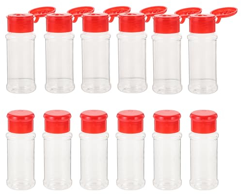 Lurrose 12pcs Plastic Spice Jars Seasoning Shaker Jar Seasoning Bottles with Sifter Lid Caps for Home Kitchen 10ml Capacity, Red