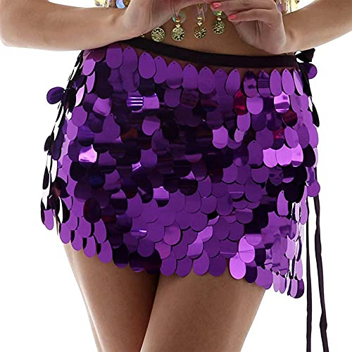 Sttiafay Falda de cadera para danza del vientre, por encima de la rodilla, con lentejuelas, sirena, para carnaval, disfraz para mujer, Morado (, Talla única