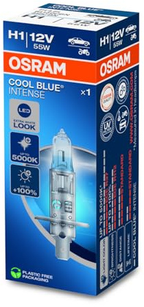 OSRAM COOL BLUE INTENSE H1, +100% más de brillo, hasta 5000 K, lámpara de faro halógena, aspecto LED, caja plegable (1 lámpara)
