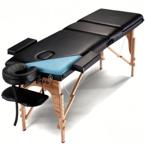 Portable Massage Table Massage Bed Professional SPA Reiki Eyelash Salon Bed, Wooden Frame Height Adjustment & Accessories, Black (3-Section)